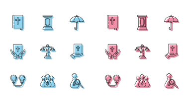 Kelepçe, para çantası, kutsal kitap, büyüteç, adalet terazisi, İncil yemini ve kürsü kürsüsü ikonu. Vektör