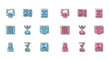 Hattı ayarla Robot doktor, kablosuz kontrol CCTV güvenlik kamerası, montaj hattı, 3D yazıcı, uzaktan kumandalı hava aracı, robot, küresel teknoloji sosyal ağı ve basılı devre kartı PCB simgesi. Vektör