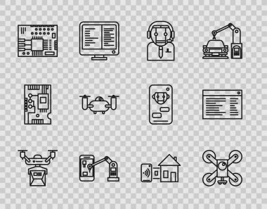 İHA dağıtım konsepti, işçi robot, endüstriyel makine robot kolu, baskılı devre kartı PCB, Akıllı ev ve yazılım, web geliştirici programlama simgesi. Vektör