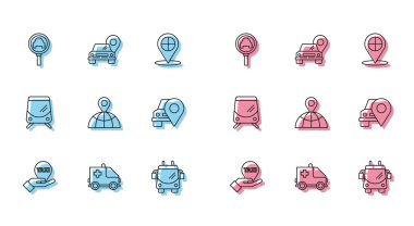 El 'i harita işaretçisine taksi, ambulans acil durum arabası, büyüteç, Trolleybus, dünyanın yeri, harita, tren yolu ve ikon ile yerleştir. Vektör