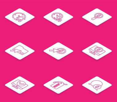 Satır saatini 24 saat, büyüteç ve doları, İmleç tıklaması belge dizinini, madeni parayı, bilgisayar monitörünü ve yeni etiket simgesini ayarla. Vektör