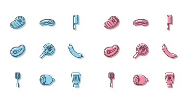 Spatula, Salami sosisi, biftek, sos şişesi, kızartma tavasında balık bifteği, sosis ve ikon. Vektör