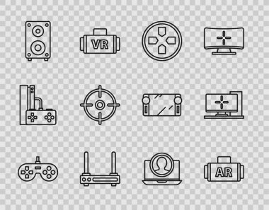 Satır Gamepad, Ar, artırılmış gerçeklik, Router ve wi-fi sinyali, Stereo hoparlörü, hedef spor, hesap ekranı ve bilgisayar monitörü simgesi oluştur. Vektör