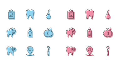 Dişçi muayenehanesi yeri, dişçi kartı olan pano, diş macunu pulu, ağız gargarası plastik şişe, elma, tedavi prosedürü ve ikon. Vektör