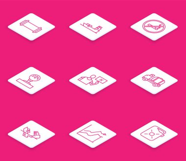 Boru hattı, petrol tankeri, sigara içilmiyor, ölçü ölçeği, doğa koruma protestosu, tanker kamyonu, enkaz petrol ve fiyat artışı ikonu. Vektör