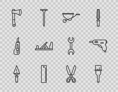 Çizgi Trowel, boya fırçası, el arabası, cetvel, tahta balta, uçak aleti, makas ve elektrikli sıcak yapıştırıcı tabancası ikonu. Vektör