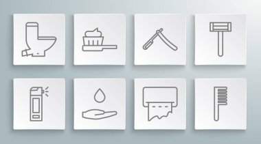 Hortum spreyi, diş fırçası diş macunu, el sabunu, duvarda kağıt havlu makinesi, saç fırçası, düz tıraş makinesi, tıraş makinesi ve klozet ikonu. Vektör