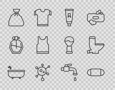 Küvet, tıbbi koruyucu maske, diş macunu tüpü, virüs, çöp torbası kolsuz tişört, musluk musluğu ve klozet ikonu. Vektör