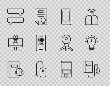 Satır kitabı, fareli Elektronik, cep telefonu, bilgisayar, konuşma balonu sohbeti, dizüstü bilgisayar ve ampul fikir ikonu konseptini ayarla. Vektör