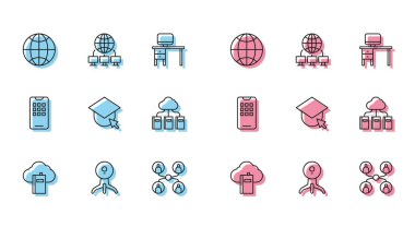 Satır Cloud ya da online kütüphane, Web kamera, Sosyal ağ, Online sınıf, mezuniyet kapsülü, cep telefonu ve bilgisayar simgesi ayarla. Vektör