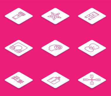 El feneri, denizyıldızı, dalgıç kıyafeti, can yeleği, deniz kabuğu, inci kabuğu ve Aqualung ikonu. Vektör