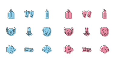 Fish, Flashlight, Aqualung, Scallop deniz kabuğu, Octopus, dalış maskesi ve Rubber Palet ikonu. Vektör