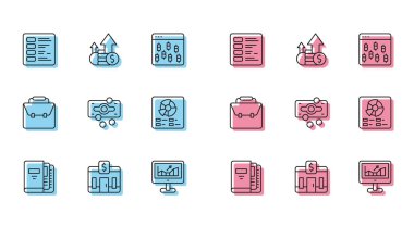 Satır ofis dosyalarını, banka binasını, işletme finans raporunu, büyüme grafikli bilgisayarı, kağıt para destesini, pasta grafiğini, evrak çantasını ve para ikonunu ayarla. Vektör