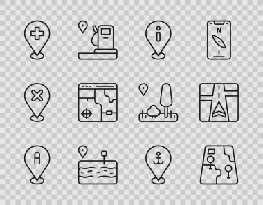 Hat konumu, şehir haritası navigasyonu, bilgi, bozuk yol, tıbbi konum çapraz, şehir bilgileri, sunucu ve GPS aygıtı simgesi. Vektör