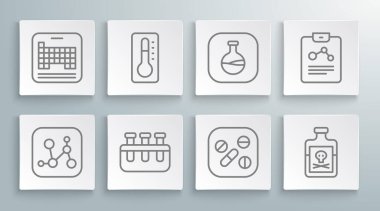 Kimyasal formül, medikal termometre, test tüpü ve matara, ilaç tableti, zehirli şişe, kimya raporu ve periyodik ikon. Vektör