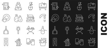 Sabun köpüklü leğen, mutfak önlüğü, duş başlığı, su püskürtme şişesi, çöp torbası, bulaşık, pencere temizleme servisi ve ev temizleme ikonu. Vektör