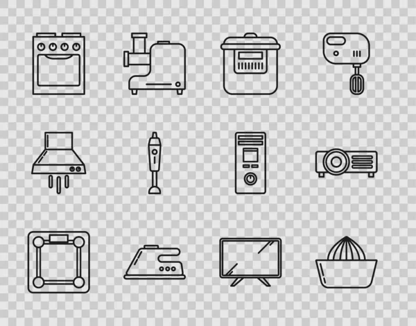 Sıra halinde banyo terazileri, meyve sıkacağı, yavaş pişirme makinesi, elektrikli ütü, fırın, blender, akıllı televizyon ve ikon. Vektör