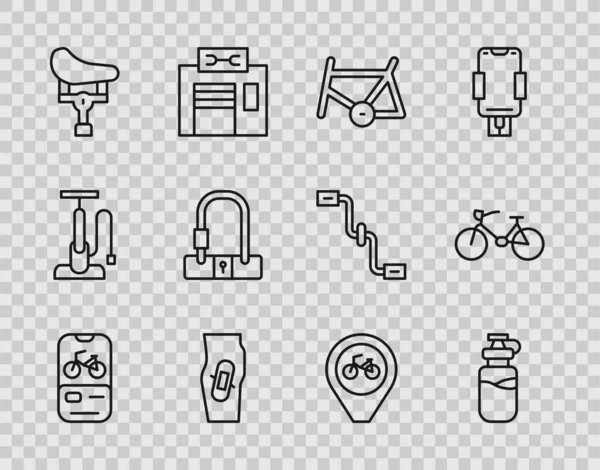 设置线自行车租赁移动应用 运动瓶子与水 石膏在腿上 定位自行车和图标 — 图库矢量图片