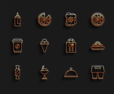 Sıra Candy, kasede dondurma, tepsiyle kaplı sos şişesi, paket kahve fincanı, waffle konisi, Asya eriştesi ve internetten sipariş ikonu. Vektör