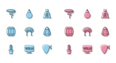 Cactus peyote in pot, Pointer to Wild West, Kement, Cowboy bandana, Kızılderili tüylü başlık, Kamp feneri, Barut fıçısı ve Bomba patlamaya hazır ikon. Vektör