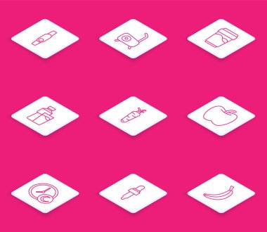 Çizgi Smartwatch, sabit bisiklet, su dolu bardak, cam şişe, havuç, elma, uyku zamanı ve Pipette yağ ikonu. Vektör