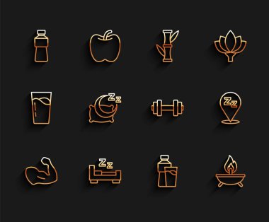 Vücut geliştirici kas, uyku zamanı, bir şişe su, cam, Aroma mumu, Uykucu ve Ahmak ikonu. Vektör