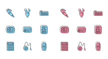 Satır hesap makinesi, Yoyo oyuncağı, dolmakalem ucu, eski cep telefonu, çağrı cihazı, kaset çalar, 80 'lerin Retro ve Mayo ikonu. Vektör