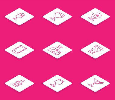 Bardak, bira, şarap bardağı, alkol ya da bar, shot, viski şişesi ve ikon. Vektör