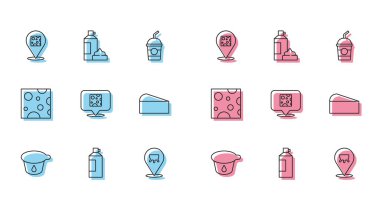 Yoğurt kabı, krem şanti şişesi, peynir, meme ve ikon. Vektör