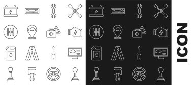 Hat değiştirici, arabanın tanısal durumu, kontrol motoru, İngiliz anahtarı, servis, araba aküsü, ilk yardım çantası ve uyarı üçgeni ikonu. Vektör