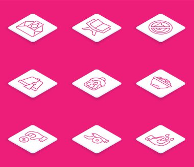 Bağış yapın ya da sadaka verin, Kuran 'ın kutsal kitabı, domuz yok, Türk şapkası yok, Ramazan Kareem feneri, meyve kasesi ve top ikonu. Vektör