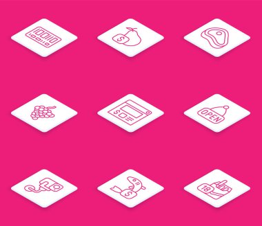 Barkod 'u ayarla, armut için fiyat etiketi, biftek eti, üzüm meyvesi, online sipariş ve teslimat, Açık, güvenlik kamerası ve balık ikonu ile asılı tabela. Vektör