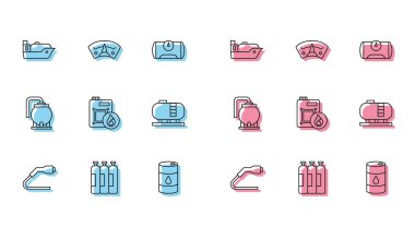 Elektrik kablosu şarjı, endüstriyel gaz tüpü, petrol tankeri, varil yağı, motor, depolama ve motor göstergesi simgesi için teneke kutu ayarlayın. Vektör