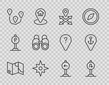 Çizgiyi ayarla Katlanmış harita, geri dönüş işareti, konum, rüzgar gülü, rota konumu, dürbün, sola dönüş ve çapa simgesi. Vektör