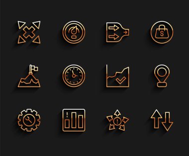 Çizgi anahtarı ve teçhizat, pasta grafiği bilgisi, birçok yön oku, ok, saat, yer ve mali büyüme ikonu ayarla. Vektör