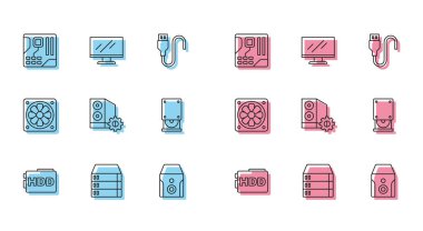 HDD, Server, Data, Web Sunuculuğu, Anakart dijital çip, Kesintisiz güç kaynağı, Bilgisayar Vakası, Optik disk, Bilgisayar soğutucu ve ekran simgesi ayarla. Vektör