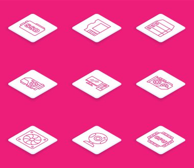 Satır satırı SSD kartı, Sunucu, Data, Web Sunucusu, Video grafik, Bilgisayar monitörü, soğutucu ve kamera simgesi ayarla. Vektör