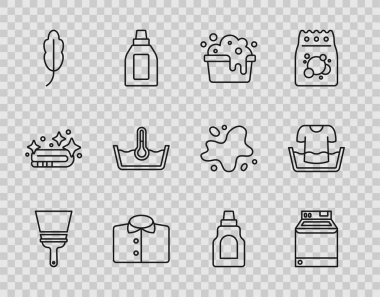 Camlar için çizgi temizleyici, çamaşır makinesi, sabun köpüklü leğen, tişört, tüy, vücut ısısı temizleme, şişe temizleme maddesi ve ikon. Vektör