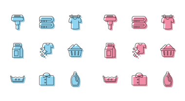 Hat temizleme, tişört, giysi buharı, temizlik malzemesi şişesi, kuru giysiler, sabun köpüklü leğen, çamaşır deterjanı ve havlu yığını ikonu. Vektör