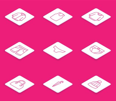 Kapüşonlu, atletli, kazaklı, kısa pantolonlu, erkek külotlu, çantalı ve şemsiyeli. Vektör