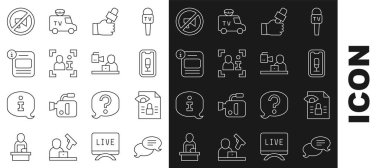 Konuşma balonu sohbeti, gazetecilik soruşturması, mobil kayıt, haber, televizyon, bilgi, sansürlü damga ve kırma simgesi. Vektör