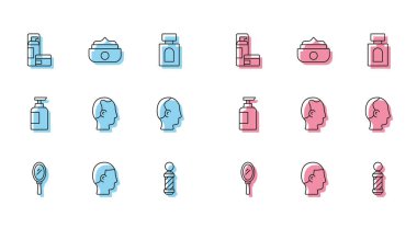 Çizgi el aynası, erkekler için saç stili tıraş jeli köpüğü, klasik berber dükkanı direği, kellik, şampuan şişesi ve jöle saç şekillendirme ikonu. Vektör