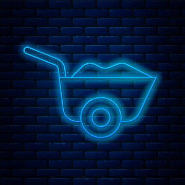 Parlayan neon hattı Wheelbarrow simgesi tuğla duvar arka planında izole edildi. Alet edevat. Tarım arabası tekerlek çiftliği. Vektör.