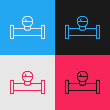 Pop Art Line Endüstrisi metalik boru ve manometre simgesi renk arkaplanında izole. Vektör.