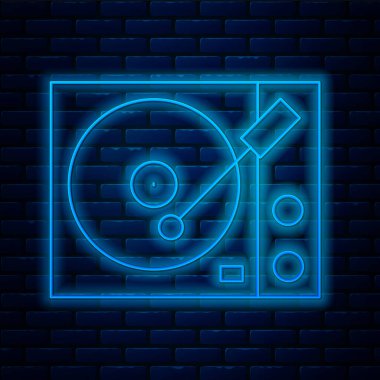 Duvarda izole edilmiş vinil disk ikonu olan parlak neon çizgili Vinil oynatıcı. Vektör.