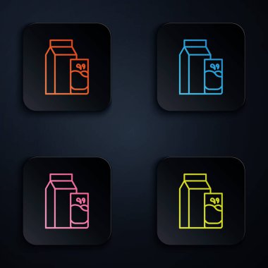 Kefir için renkli neon çizgili kağıt paketi ve siyah arkaplanda izole edilmiş cam simgesi. Sağlıklı yaşam tarzı ve probiyotik tatmini için diyet yapmak. Kare düğmelere simgeleri yerleştir. Vektör.