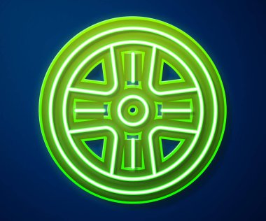 Mavi arka planda izole edilmiş bir araba simgesi için parlayan neon hat alloy tekerleği. Vektör.