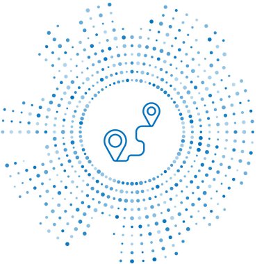 Mavi çizgi rota konumu simgesi beyaz arkaplanda izole edildi. Harita işaretçisi işareti. Yol ya da yol kavramı. GPS navigatörü. Soyut çember rastgele noktalar. Vektör