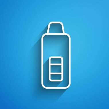Tıbbi inceleme ikonu için beyaz çizgi tıbbi dijital termometre mavi arka planda izole edildi. Uzun gölge. Vektör