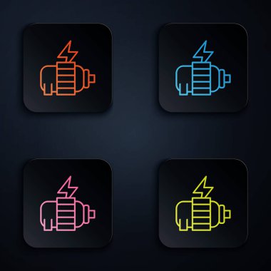 Renkli neon hat elektrik motor simgesi siyah arkaplanda izole edildi. Kare düğmelere simgeleri yerleştir. Vektör